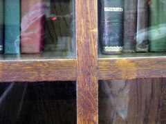 Close-up quarter-sawn oak doors.